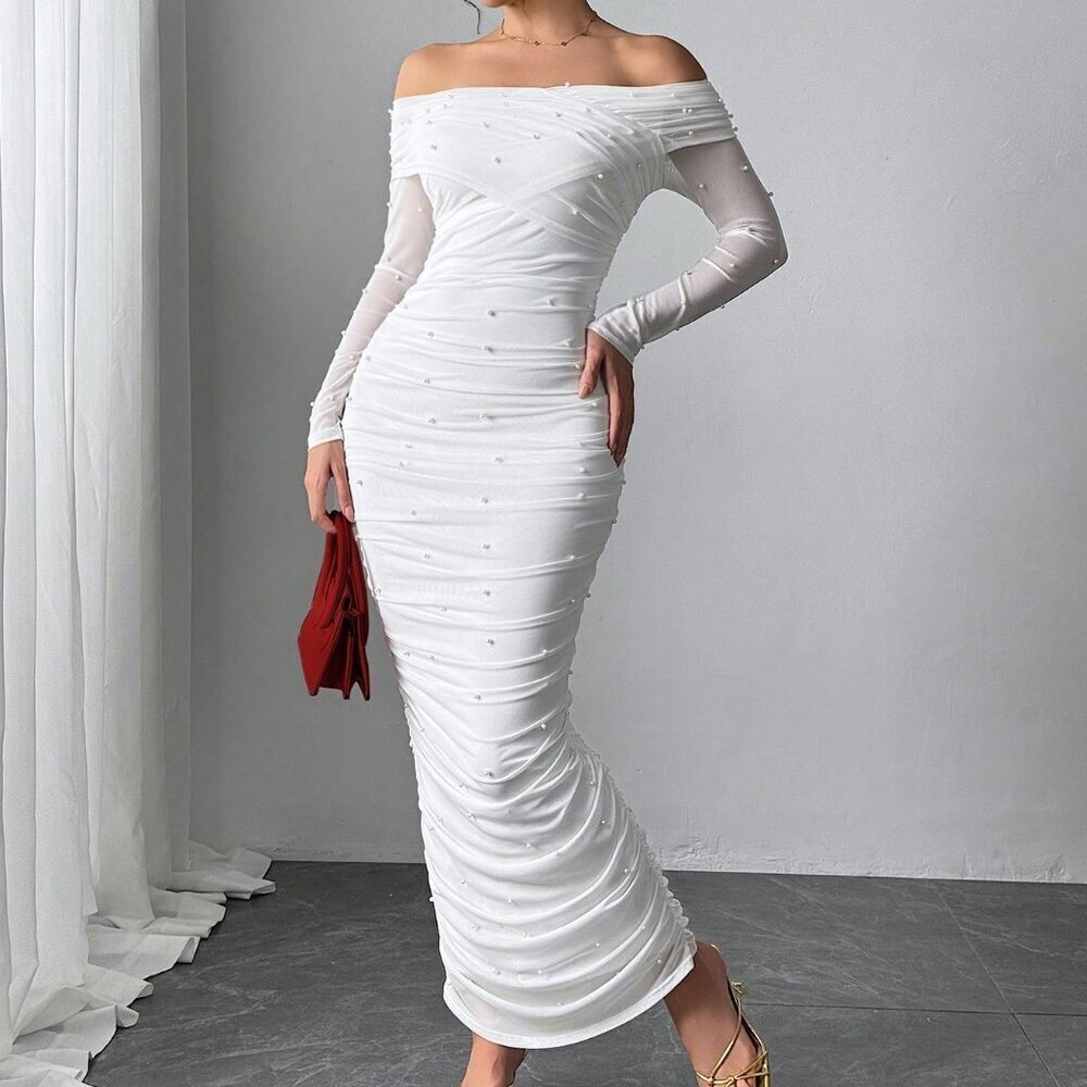 White Elegant Women's Open Shoulder Ruched Maxi Dress with Pearl Decor - Picture 5 of 8